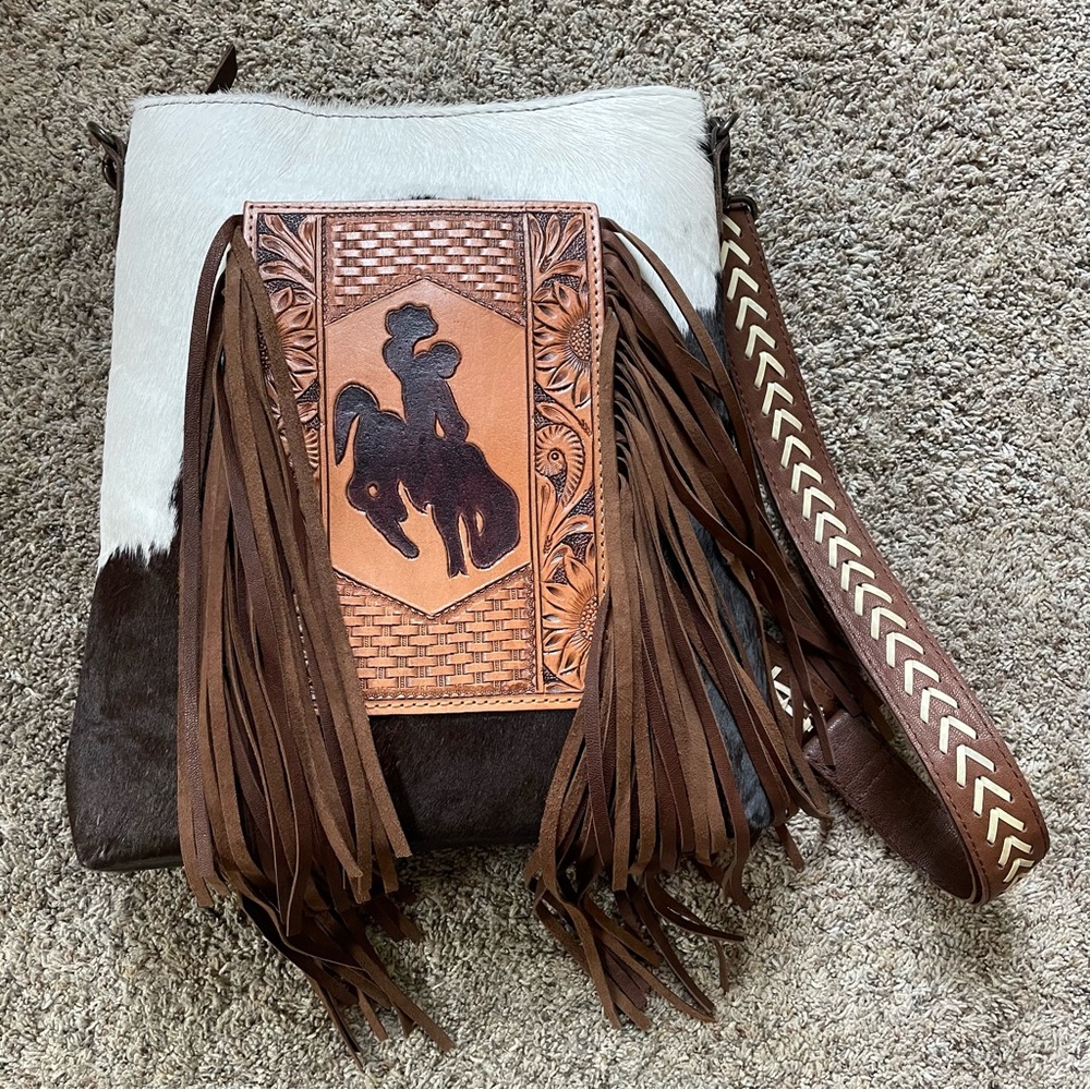 Cowgirl Chic Brown and White Tooled Leather Cowhide and Fringe, Conceal Carry